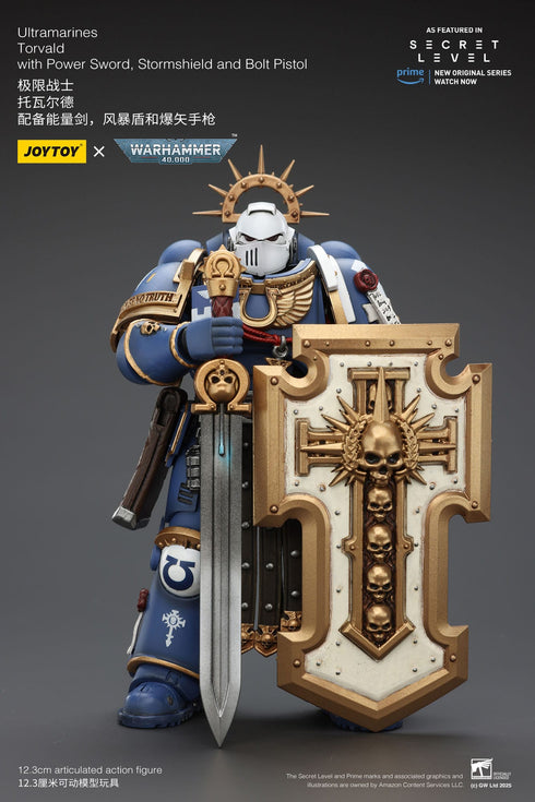 JOYTOY Ultramarines Torvald with Power Sword, Stormshield and Bolt Pistol - Warhammer 40,000 - 1/18 Scale Collectible Figure